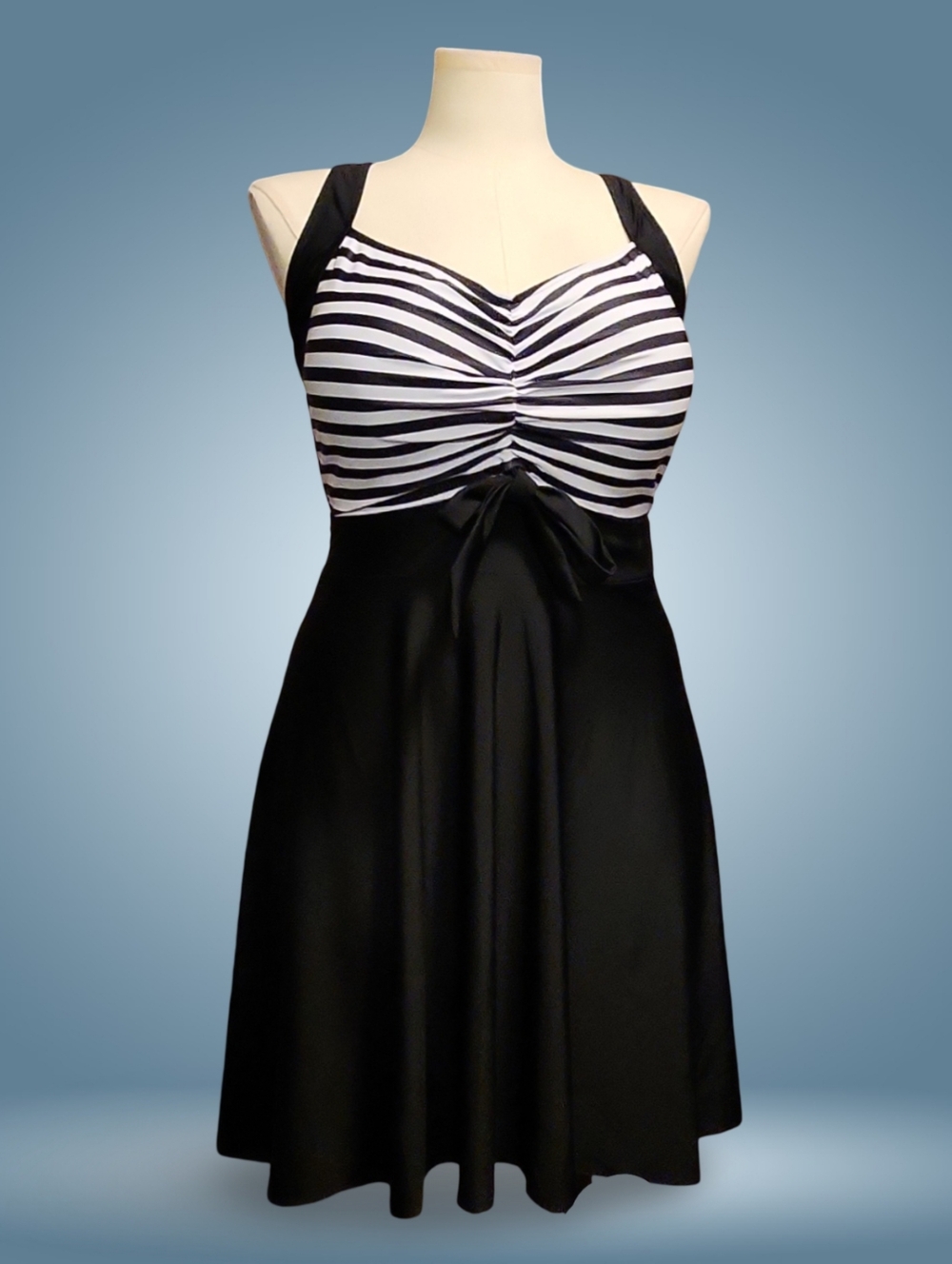 BLOOMCHIC (Top Only) Black White Striped Swimdress Plus Sz 26  Criss-Cross Strap
